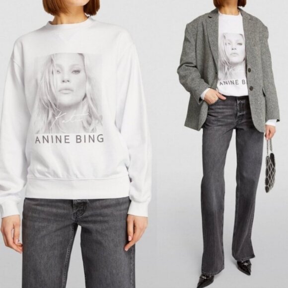 Anine Bing White Graphic Sweatshirt Kate Moss White Size Medium - Picture 1 of 12